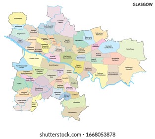 Map of the Scottish city of Glasgow with all neighborhoods of the city