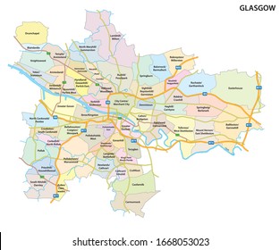 Map of the Scottish city of Glasgow with roads and all neighborhoods