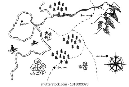 Map sea mainland mountains sketch hand drawing isolated white background pen hand drawn style