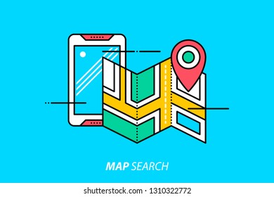 Map search. Colorful illustration on bright cyan background. Modern outline style. 
