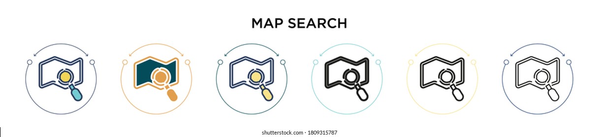 Map search icon in filled, thin line, outline and stroke style. Vector illustration of two colored and black map search vector icons designs can be used for mobile, ui, web