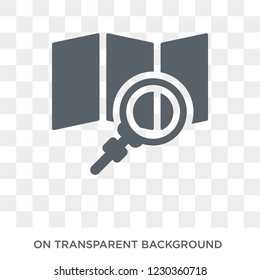map search icon. Trendy flat vector map search icon on transparent background from General collection. 
