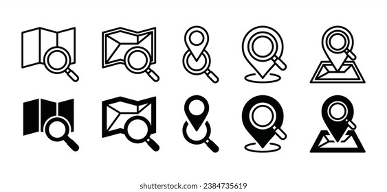 Map search icons set. Searching location, navigation, map pin. Map icon with location pin and magnifying glass icon symbol for apps and websites. Vector illustration