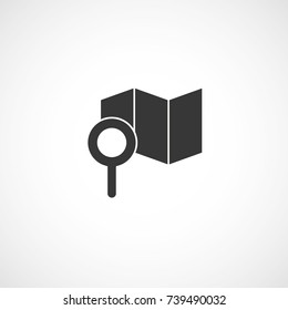 Map searching symbol, magnifier icon on brochure. Flat design vector illustration.