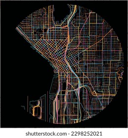 Map of Seattle, Washington with all major and minor roads, railways and waterways. Colorful line art on black background.