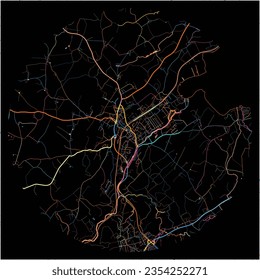 Map of SeekirchenamWallersee, Salzburg with all major and minor roads, railways and waterways. Colorful line art on black background.