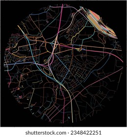 Map of Seevetal, Lower Saxony with all major and minor roads, railways and waterways. Colorful line art on black background.