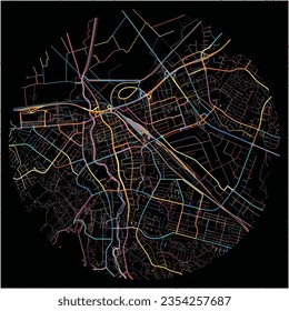 Map of Seinajoki with all major and minor roads, railways and waterways. Colorful line art on black background.