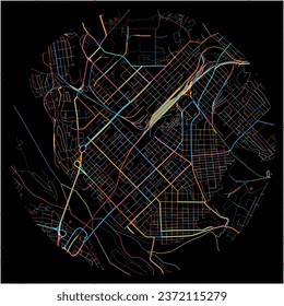 Map of Semey, East Kazakhstan Region with all major and minor roads, railways and waterways. Colorful line art on black background.