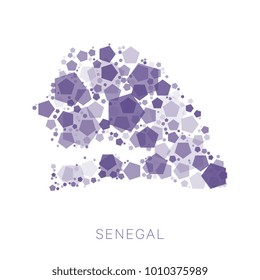 map of Senegal filled with abstract mosaic of purple pentagons of different sizes and degrees of transparency with name of the country on white background