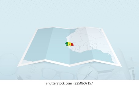 Map of Senegal with the flag of Senegal in the contour of the map on a trip abstract backdrop. Travel illustration.