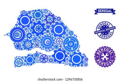 Map of Senegal formed with blue cog components, and isolated scratched stamps for official repair services. Vector abstract mosaic of map of Senegal with industry symbols in blue color tones.