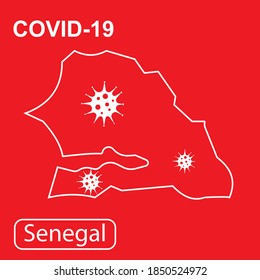 Karte von Senegal mit der Aufschrift "COVID-19". Weiße Umrisskarte auf rotem Hintergrund. Vektorgrafik eines Virus, Coronavirus, Epidemiologie.