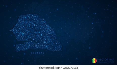Mapa del diseño moderno de Senegal con formas poligonales sobre fondo azul oscuro. Esferas de malla de alambre de negocios a partir de escombros voladores. Concepto de ilustración vectorial de estilo de estructura azul.