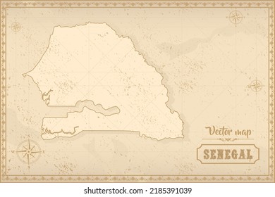 Mapa de Senegal en el viejo estilo, gráficos marrones en estilo retro de fantasía