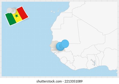 Map of Senegal with a pinned blue pin. Pinned flag of Senegal, vector illustration.