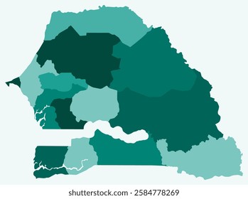 Map of Senegal with regions. Just a simple country border map with region division. Teal color palette. Plain Senegal shape with administrative division. Vector illustration.