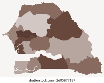 Map of Senegal with regions. Just a simple country border map with region division. Brown color palette. Flat Senegal shape with administrative division. Vector illustration.