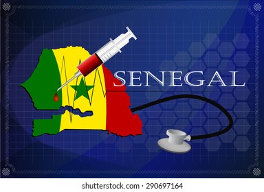 Map of Senegal  with Stethoscope and syringe.