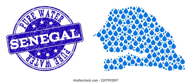 Map of Senegal vector mosaic and Pure Water grunge stamp. Map of Senegal designed with blue liquid dews. Seal with retro rubber texture for pure drinking water.