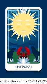 The map of the senior arcana is the Moon. Occult esoteric spiritual Tarot. Numerology and fortune telling. Modern vector illustrations