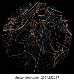 Map of Seraing, Liège with all major and minor roads, railways and waterways. Colorful line art on black background.