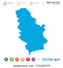 Map of Serbia blue and set pin icon.