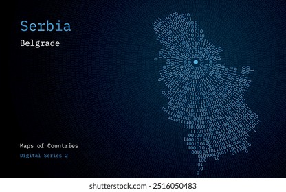 A map of Serbia depicted in zeros and ones in the form of a circle. The capital, Belgrade city, is shown in the center of the circle