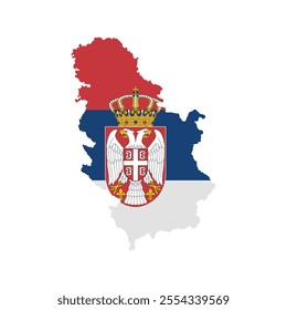 Map of Serbia filled with red, blue, and white flag colors, featuring the national coat of arms, symbolizing the country's cultural identity, pride, sovereignty, and historical heritage within the Bal