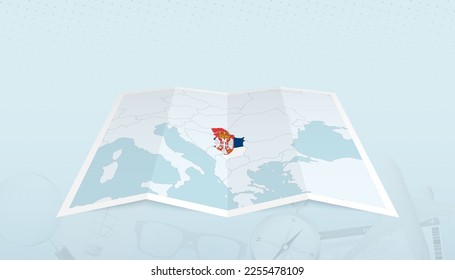Mapa de Serbia con la bandera de Serbia en el contorno del mapa en un contexto abstracto de viaje. Ilustración de viaje.