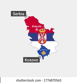 Map Of Serbia And Kosovo With Flag Fills. Shape