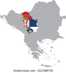 Map of Serbia with Kosovo with national flag within the gray map of Balkan peninsula