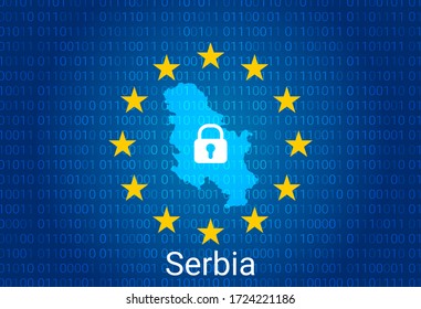 Map of Serbia, with lock and binary code background. europe union internet blocking, virus attack, privacy protect. vector illustration
