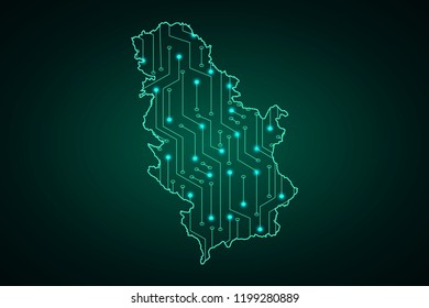 Map of Serbia, network line, design sphere, dot and structure on dark background with Map Serbia, Circuit board. Vector illustration. Eps 10