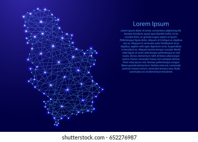Map of Serbia from polygonal blue lines and glowing stars vector illustration