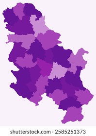 Map of Serbia with regions. Just a simple country border map with region division. Purple color palette. Plain Republic of Serbia shape with administrative division. Vector illustration.