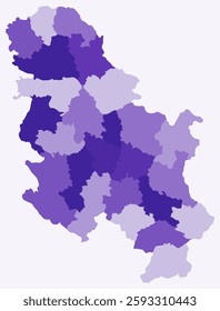 Map of Serbia with regions. Just a simple country border map with region division. Deep purple color palette. Plain Republic of Serbia shape with administrative division. Vector illustration.