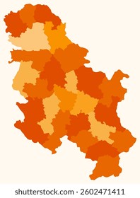Map of Serbia with regions. Just a simple country border map with region division. Orange color palette. Plain Republic of Serbia shape with administrative division. Vector illustration.