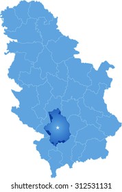 Map of Serbia, Subdivision Kosovska-Mitrovica District is pulled out, isolated on white background 