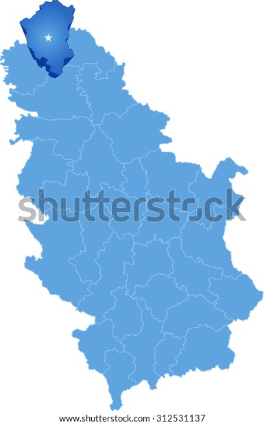 Map of Serbia, Subdivision North\
Backa District is pulled out, isolated on white background\
