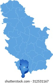 Map of Serbia, Subdivision Prizren District is pulled out, isolated on white background 