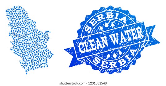 Map of Serbia vector mosaic and clean water grunge stamp. Map of Serbia formed with blue aqua raindrops. Seal with grunge rubber texture for clear drinking water.