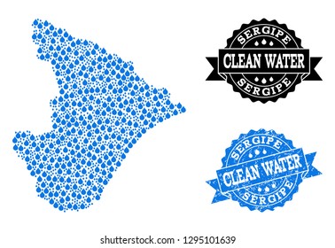 Map of Sergipe State vector mosaic and clean water grunge stamp. Map of Sergipe State formed with blue water raindrops. Seal with unclean rubber texture for clean drinking water.