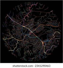 Map of Serra with all major and minor roads, railways and waterways. Colorful line art on black background.