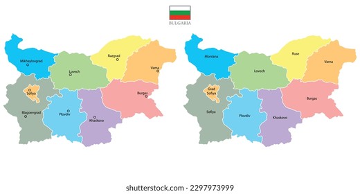Zwei bulgarische Karten Hintergrund mit Regionen, regionalen Namen und Städten in Farbe, Flagge. Bulgarien Karte einzeln auf weißem Hintergrund. Vektorgrafik. 