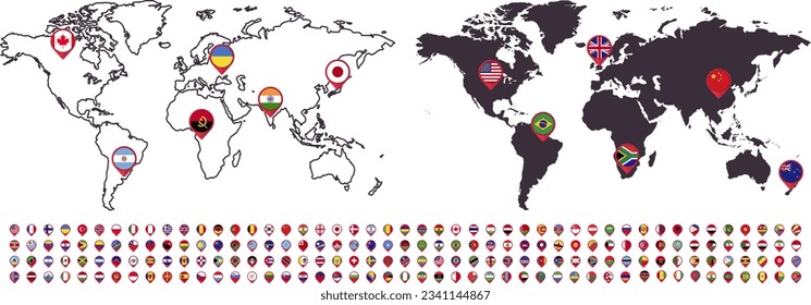 Map Set with flags icons. Map pin place marker. Vector illustration