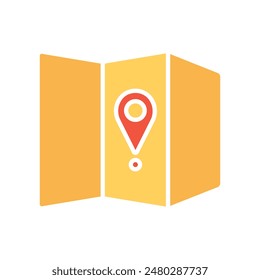 Map set icon. Yellow map, red location pin, pointer, route, location, navigation, travel, geography, direction, destination, journey, route, exploration.