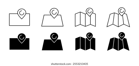 Map set icons. Map point icons. Linear and silhouette style. Vector icons.