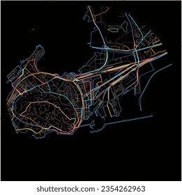 Map of Sete, Hérault with all major and minor roads, railways and waterways. Colorful line art on black background.