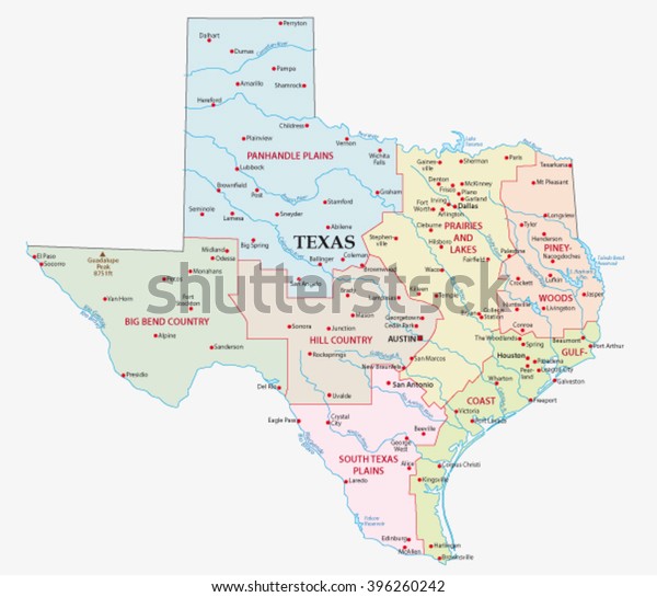 Map Seven Regions State Texas Stock Vector (Royalty Free) 396260242